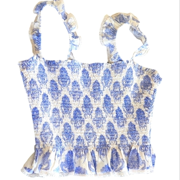Aritzia Wilfred Crop Top Blue/White Lace Straps Ruffle Hem Sz M - Picture 2 of 13